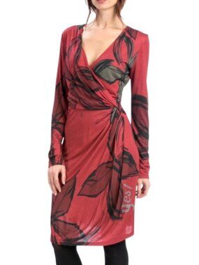 Desigual Aldoro Burgundy Wrap Dress Black Abstract Floral Print & Twist Detail